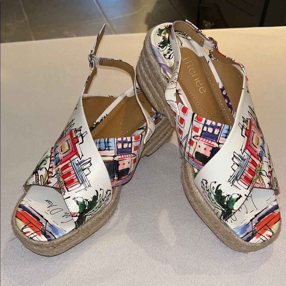 J.Renee Hannah Wedge Espadrille Multicolor Resort Print Sandals EUC sz 7.5
